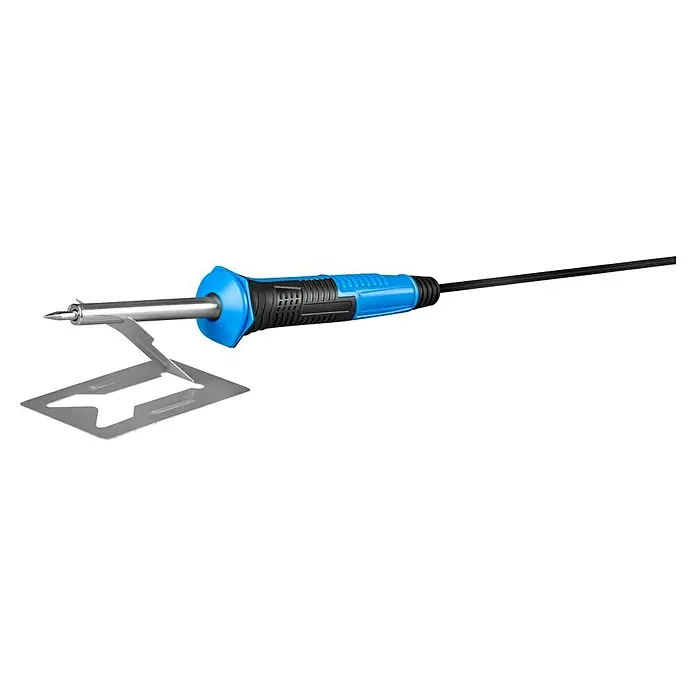 CFH Lötkolben Elektro E 15 - Höchsttemperatur: 370 °C - Abgebildet ist eine Lötpistole mit blau-schwarzem Griff und silberner Spitze auf einer Metallablage.