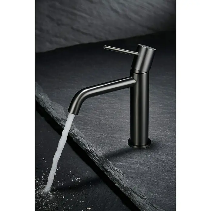 Camargue Natur Grifo de lavabo - Black gun metal - Grifo moderno de metal oscuro con agua corriente, ideal para baños y cocinas. Diseño elegante para un ambiente sofisticado.