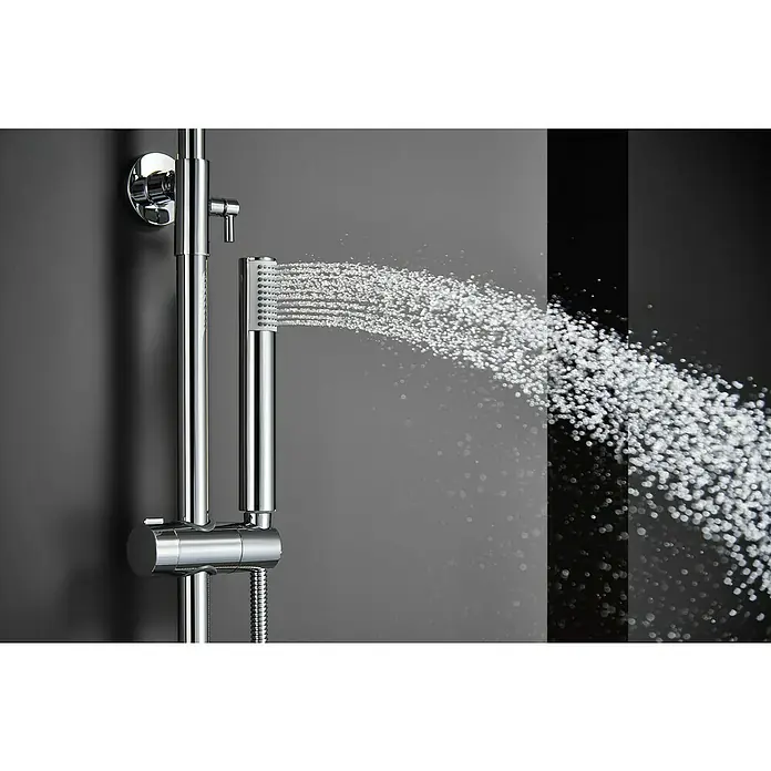 Camargue Natur Sistema de ducha - Con grifo monomando, Cromo - Juego de ducha cromado con cabezal de ducha de mano en funcionamiento. Diseño elegante para baño moderno.