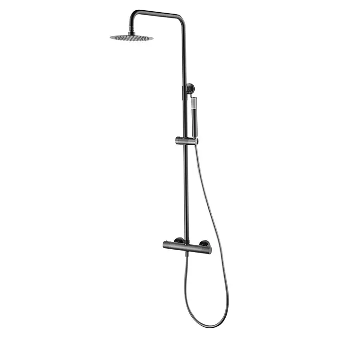 Camargue Natur Sistema de ducha - Con grifo termostático, Black gun metal - Conjunto de ducha negro con rociador y teleducha para un diseño de baño moderno.