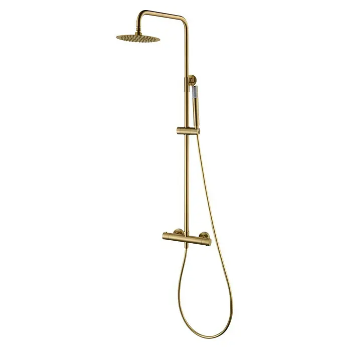 Camargue Natur Sistema de ducha - Con grifo termostático, Oro - En la imagen se muestra un sistema de ducha dorado con rociador de lluvia y ducha de mano. El sistema ofrece confort y estilo para cualquier baño.