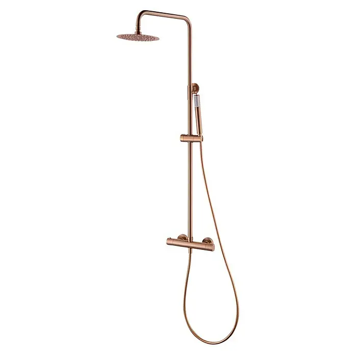 Camargue Natur Sistema de ducha - Con grifo termostático, Oro rosa - Sistema de ducha color cobre con rociador y teleducha para una experiencia de ducha lujosa. Grifería de baño moderna para baños elegantes.