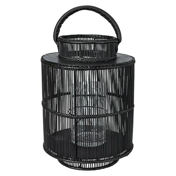 Farolillo alto - Altura: 43 cm, Negro - Elegante farol negro de ratán con inserto de vidrio, que aporta un ambiente elegante a cualquier habitación. Perfecta para tardes acogedoras.
