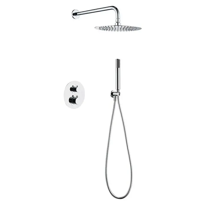 Camargue Natur Sistema de ducha empotrado - Con grifo termostático, Cromo - Elegante sistema de ducha cromado con rociador de lluvia, ducha de mano y válvula para un diseño de baño moderno.