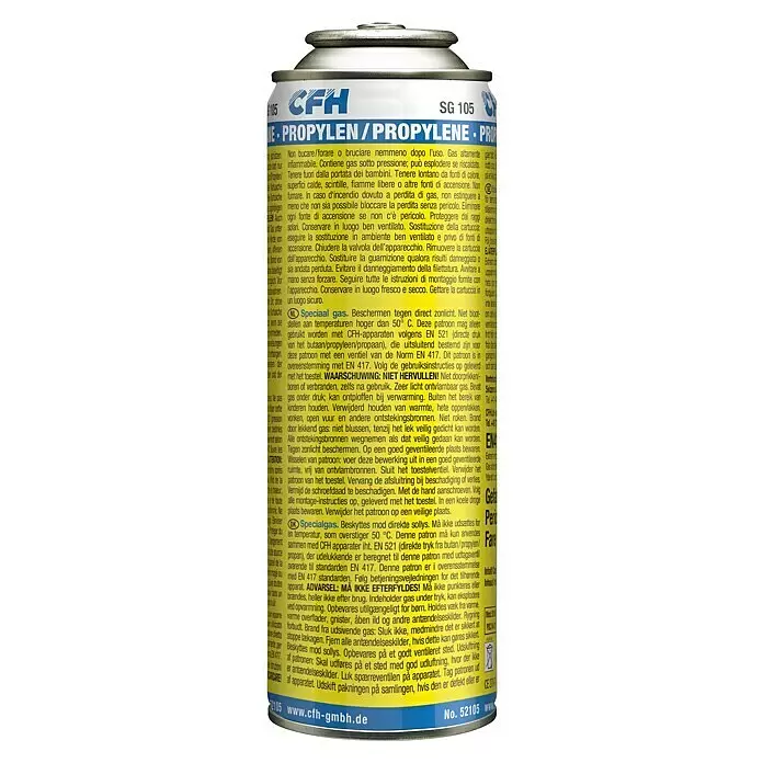 CFH Multigas SG105 - 110 ml - Weiß-blaue CFH SG 105 Gaskartusche mit gelbem Warnetikett, enthält Propan/Propylen-Gas für Werkzeuge.