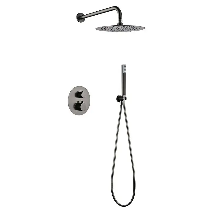 Camargue Natur Sistema de ducha empotrado - Con grifo termostático, Black Gum - Moderno sistema de ducha de color oscuro con rociador, ducha de mano y válvula para un baño elegante.