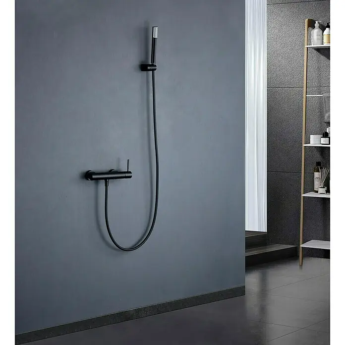 Camargue Natur Grifo monomando de ducha - Negro - Elegante sistema de ducha negro con ducha de mano y mezclador termostático. Perfecto para baños modernos, ofreciendo un toque elegante y uso cómodo.