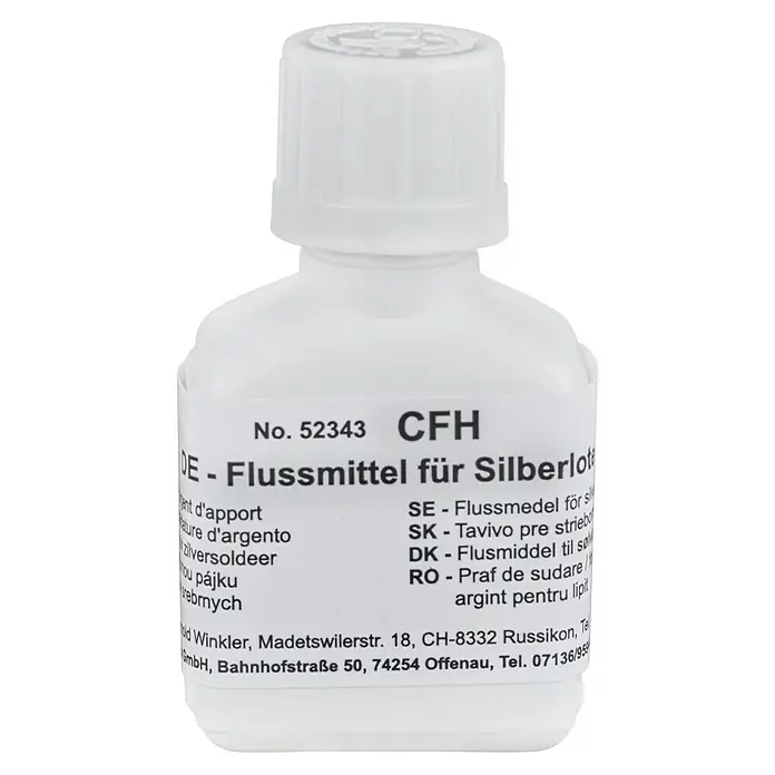 CFH Flussmittel FM343 für Silberlot - 25 g - Bild einer Flasche CFH Flussmittel für Silberlot, mit mehrsprachigen Anwendungshinweisen und Herstellerinformationen.