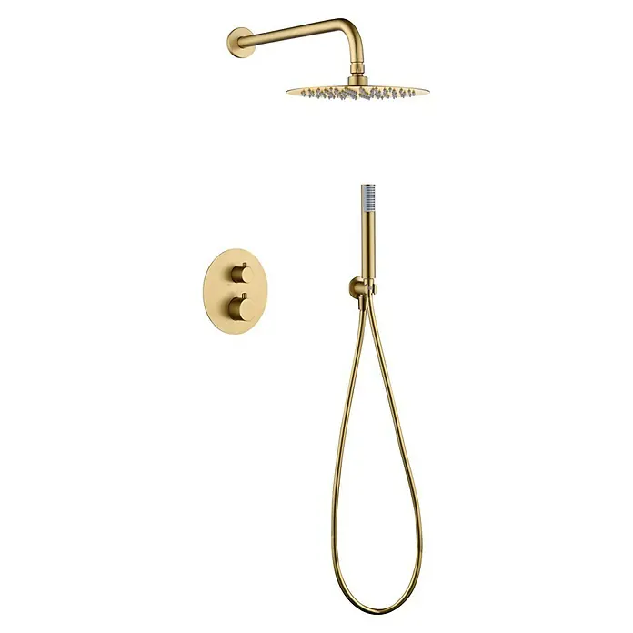 Camargue Natur Sistema de ducha empotrado - Con grifo termostático, Oro cepillado - En la imagen se muestra un moderno sistema de ducha dorado, con rociador superior y de mano, y controles. Su diseño eleva cualquier baño.