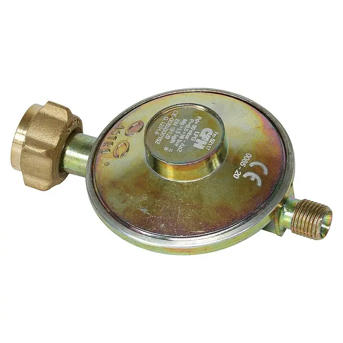 CFH Druckminderer DR117 - Druck: 50 mbar - Nahaufnahme eines Gasdruckreglers vom Typ 52117, geeignet für LPG, mit detaillierten Spezifikationen und CE-Kennzeichnung.