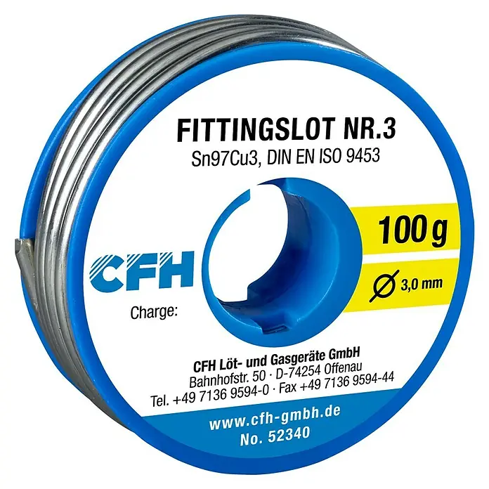 CFH Fittingslot FL340 - Nettomasse: 100 g, Durchmesser: 3 mm - Abbildung einer Spule FITTINGSLOT NR.3 Lötdraht, 100g, mit einem Durchmesser von 3,0 mm, ideal für präzise Lötarbeiten.