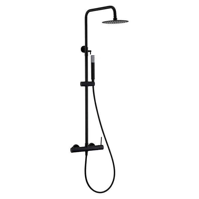 Camargue Natur Sistema de ducha - Con grifo monomando, Negro - Se muestra un moderno conjunto de ducha negro con rociador superior y ducha de mano. El diseño minimalista garantiza un ambiente de baño elegante.