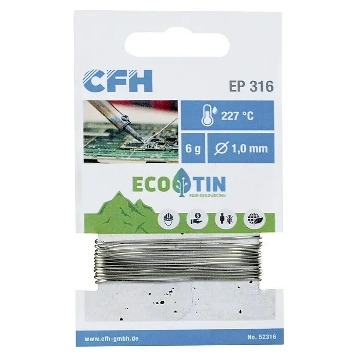 CFH Elektroniklot ECO 316 - Durchmesser: 1 mm, 6 g - Produktabbildung: Lötdraht von CFH, 6g, 1,0mm Durchmesser, Modell EP 316, ECO Tin, für feine Lötarbeiten und Elektronikreparaturen.