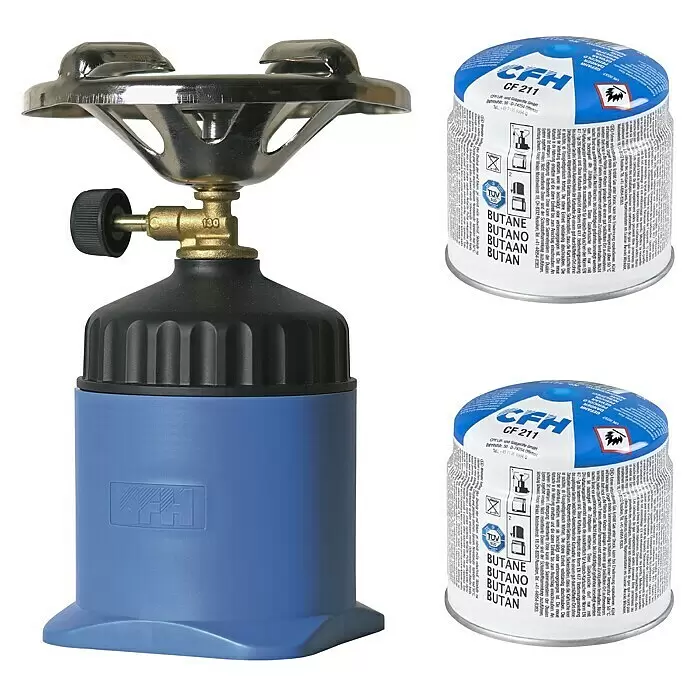 CFH Gaskocher Happy Camper - 15,5 x 19,5 x 18 cm - Tragbarer Gas-Campingkocher, blau und schwarz, mit metallischem Aufsatz, und zwei weißen und blauen Gaskartuschen.