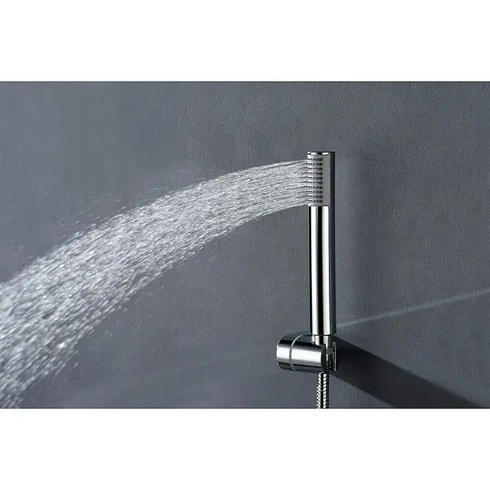 Camargue Natur Grifo monomando de ducha - Cromo - Ducha de mano cromada con chorro de agua clara sobre un fondo gris, ideal para baños modernos.