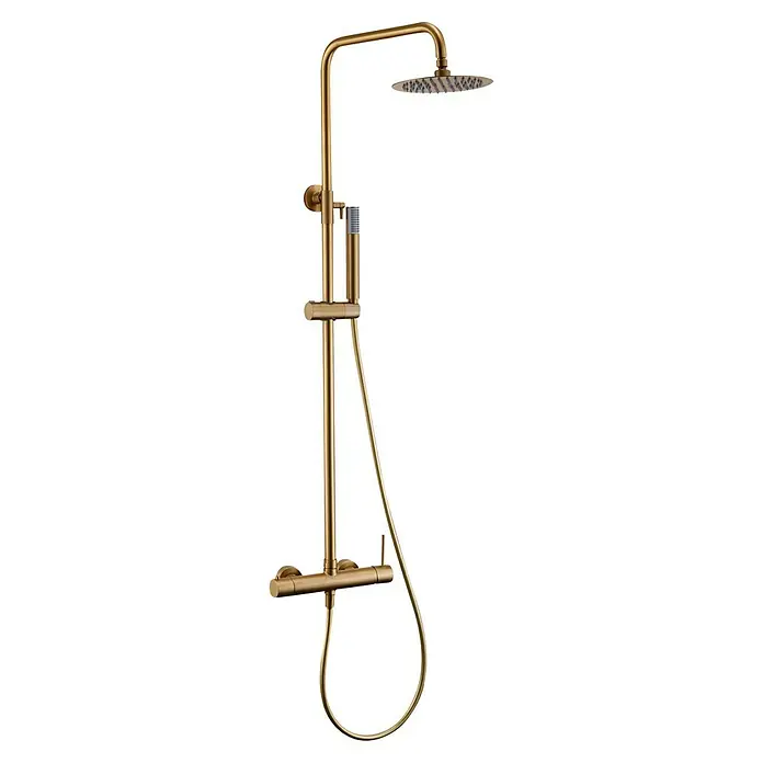 Camargue Natur Sistema de ducha - Con grifo monomando, Oro - Lujoso sistema de ducha con acabado dorado con cabezal fijo y ducha de mano para una experiencia relajante.