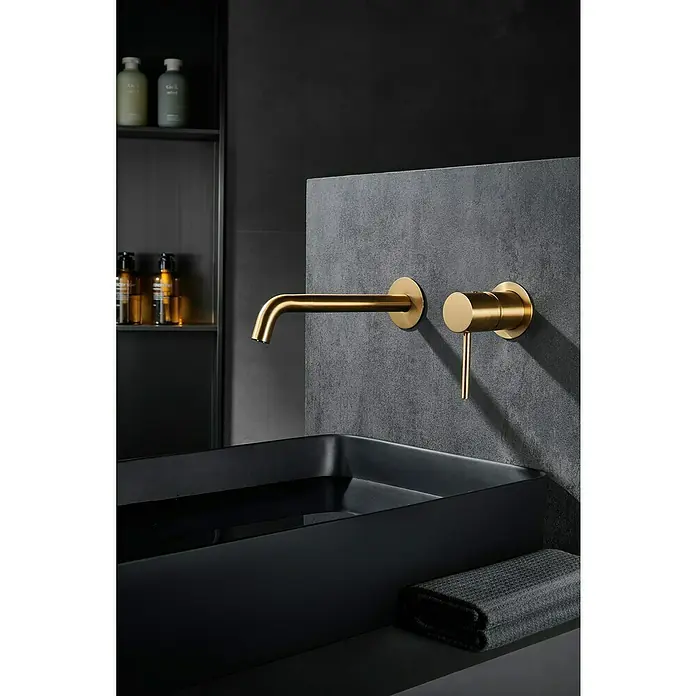 Camargue Natur Grifo de lavabo empotrado - Oro - Elegante grifo de baño con acabado dorado. Lavabo moderno con un diseño minimalista y toalla a juego para un ambiente de baño lujoso.