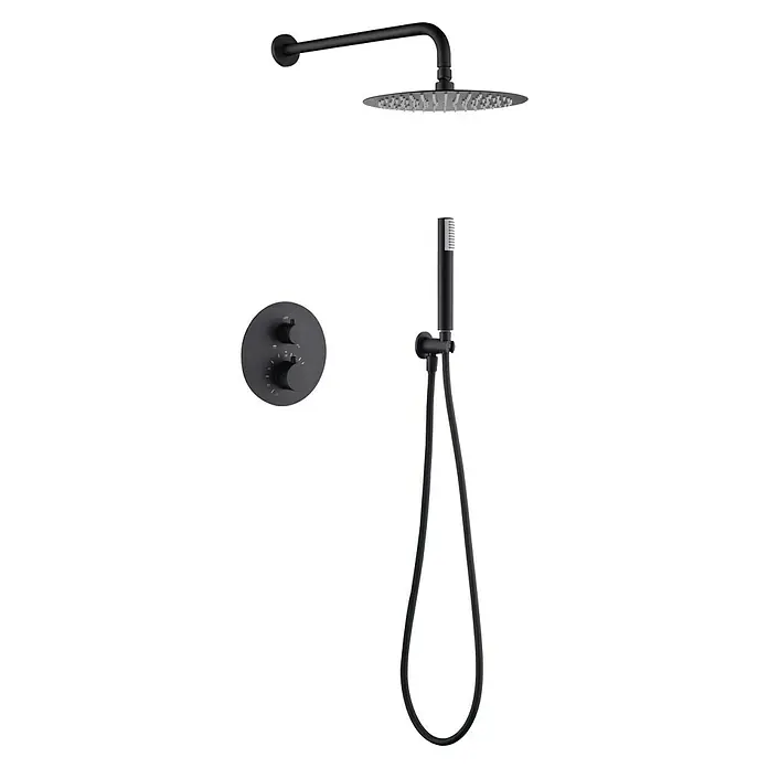 Camargue Natur Sistema de ducha empotrado - Con grifo termostático, Negro - Sistema de ducha negro mate con rociador de lluvia, teleducha y termostato para un diseño de baño moderno.