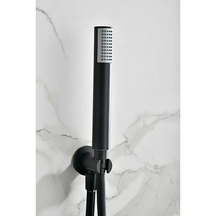 Camargue Natur Sistema de ducha empotrado - Con grifo termostático, Negro - Elegante ducha de mano en negro mate con boquillas de pulverización de precisión y un diseño aerodinámico, ideal para un baño moderno.