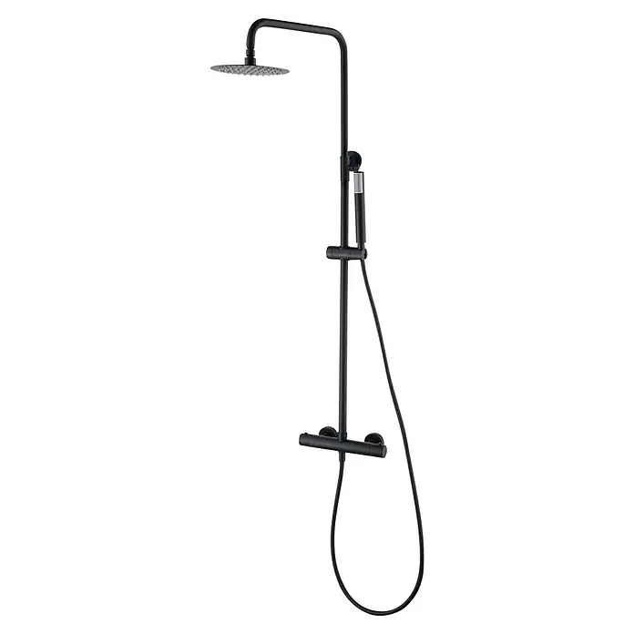 Camargue Natur Sistema de ducha - Con grifo termostático, Negro - Columna de ducha negra moderna con cabezal redondo y ducha de mano.