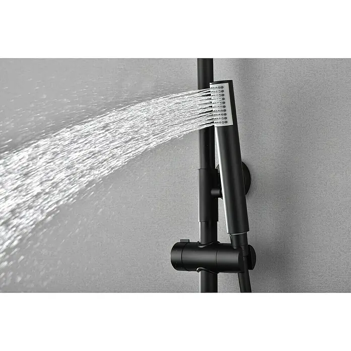 Camargue Natur Sistema de ducha - Con grifo termostático, Negro - Un elegante conjunto de ducha negro con un moderno cabezal rectangular que emite un suave chorro de agua. Ideal para un baño elegante.