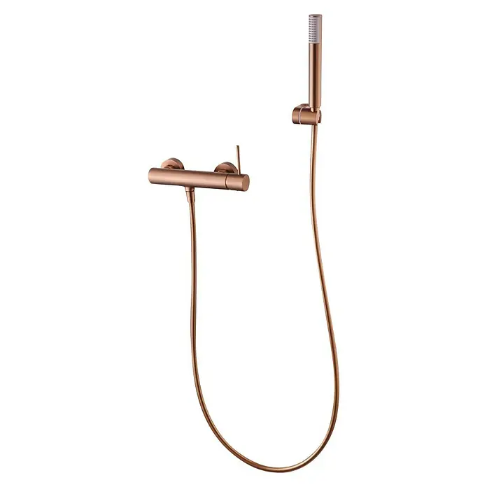 Camargue Natur Grifo monomando de ducha - Oro rosa - Juego de ducha de cobre con mezclador termostático y ducha de mano. El conjunto consta de un cabezal de ducha y una manguera.