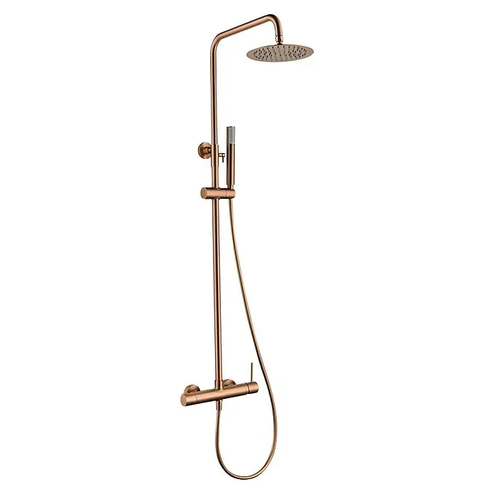 Camargue Natur Sistema de ducha - Con grifo monomando, Oro rosa - Una columna de ducha en oro rosa con rociadores superior y de mano, que ofrece una experiencia de ducha lujosa y mejora el diseño del baño.