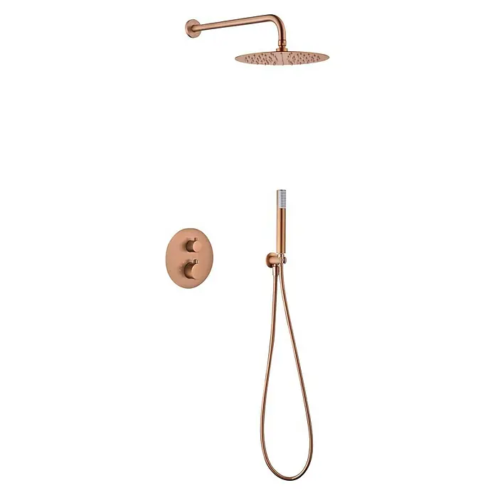 Camargue Natur Sistema de ducha empotrado - Con grifo termostático, Oro Rosa - Sistema de ducha en oro rosa con cabezal de lluvia, ducha de mano y termostato para una experiencia de baño de lujo.