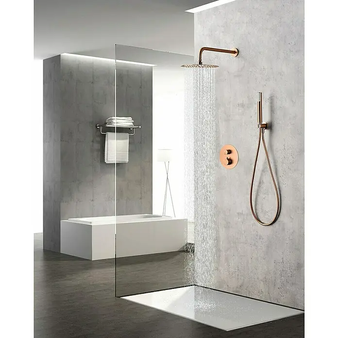 Camargue Natur Sistema de ducha empotrado - Con grifo termostático, Oro Rosa - Diseño elegante de baño con una moderna grifería de ducha con acabado en cobre, que añade un toque de lujo.