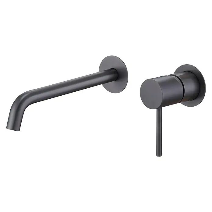 Camargue Natur Grifo de lavabo empotrado - Black gun metal - Primer plano de un moderno grifo de lavabo negro mate, con un diseño minimalista y montaje en pared.