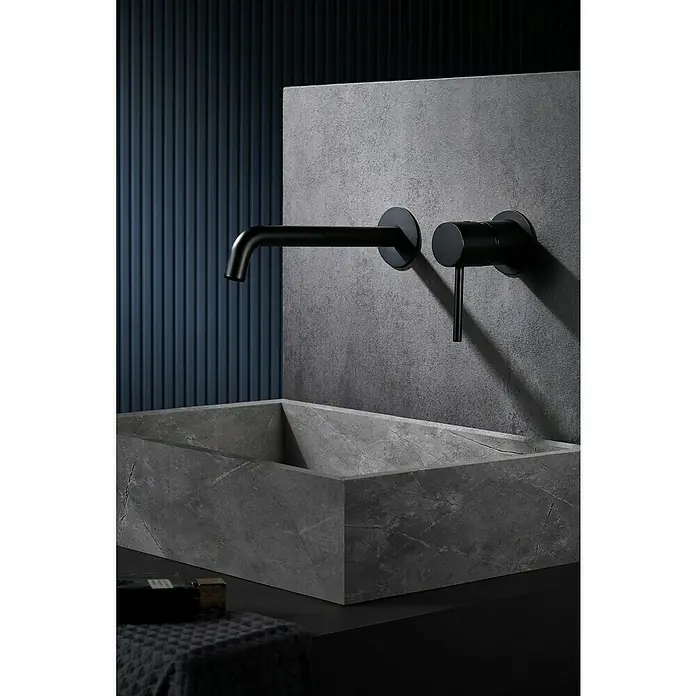 Camargue Natur Grifo de lavabo empotrado - Negro, Mate - Lavabo gris con grifo negro y diseño contemporáneo. Accesorio de baño elegante.