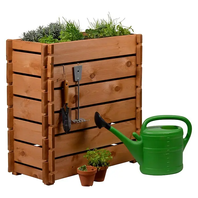 Dobar Hochbeet Stecksystem - L x B x H: 79 x 37 x 79 cm, Holz, Braun - Holzpflanzgefäß mit Gartengeräten und grüner Gießkanne. Ideal für Kräuter und kleine Pflanzen auf Balkon oder Terrasse.