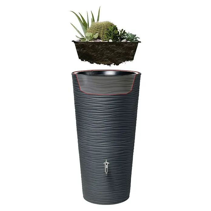 Garantia Modern Line Regenspeicher Natura 2 in 1 - 210 l, Graphite grey - Ein dekorativer Regenspeicher in Anthrazit mit einer Pflanzschale mit Sukkulenten, ideal für den Garten zur Wassernutzung.