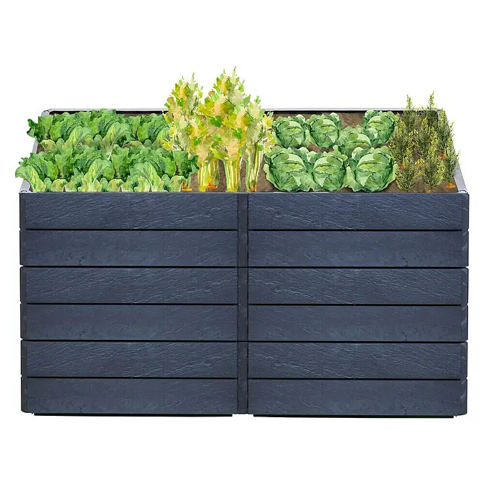 Garantia Hochbeet Ergo Quadro 2 L - Set - 160 x 80 x 75 cm, Kunststoff, Anthrazit, Steinoptik - Ein rechteckiger, erhöhter Gartenkasten aus dunklem Holz mit verschiedenen Gemüsesorten, darunter Salat, Karotten und Kohl.