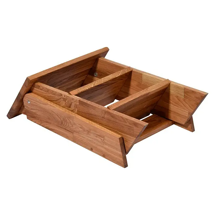 Dobar Klapptritt - L x B x H: 42 x 54 x 45 cm - Produktansicht eines zusammengeklappten, braunen Tritthockers aus Holz mit sichtbarer Maserung und stabilen Konstruktionselementen.