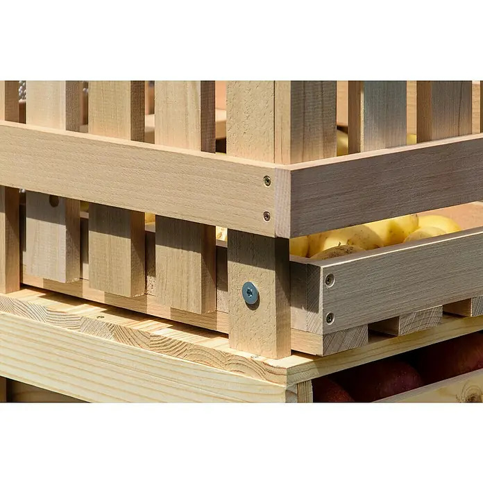 Dobar Kartoffel- & Obsthorde - L x B x H: 60 x 40 x 40 cm - Nahaufnahme einer Holzkiste mit gelben Kartoffeln, die mit Schrauben befestigt ist, und einer weiteren Kiste mit Äpfeln darunter.