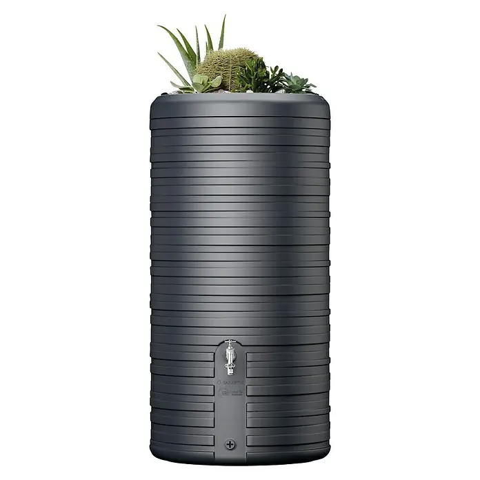 Garantia Classic Line Regenspeicher Nordic 2 in 1 - 300 l, Grau - Schwarzer Garantia Regenspeicher mit Bepflanzung auf der Oberseite, ideal für den Garten und umweltfreundliche Wassernutzung.