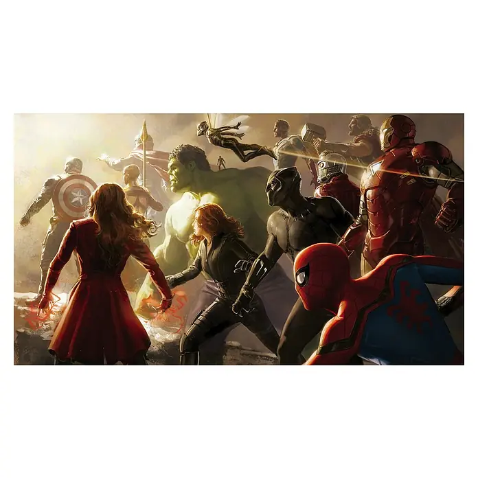 Komar Fototapete Avengers BattleB x H: 500 x 280 cm, Vlies - Das Avengers-Gemälde zeigt die versammelte Truppe, darunter Iron Man, Hulk, Black Widow und Spider-Man, bereit für den Kampf.
