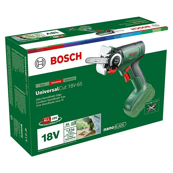 Bosch Power for All 18V NanoBlade-Säge Universal Cut 18V-65 - 18 V, Ohne Akku, 0 U/min - 8.000 U/min - Bosch UniversalCut 18V-65 Akku-NanoBlade-Säge im grünen Karton. Das Gerät ist kabellos und ideal für präzise Schnitte.