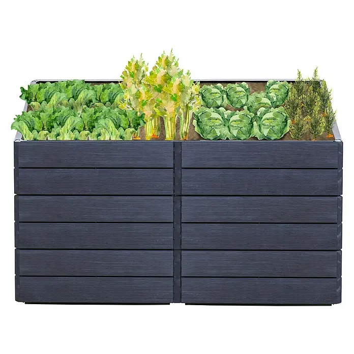 Garantia Hochbeet Ergo Quadro 2 L - Set - 80 x 80 x 80 cm, Kunststoff, Anthrazit-braun, Holzoptik - Das Bild zeigt ein Hochbeet aus dunklem Holz, bepflanzt mit verschiedenen Gemüsesorten. Ideal für den Garten oder die Terrasse.