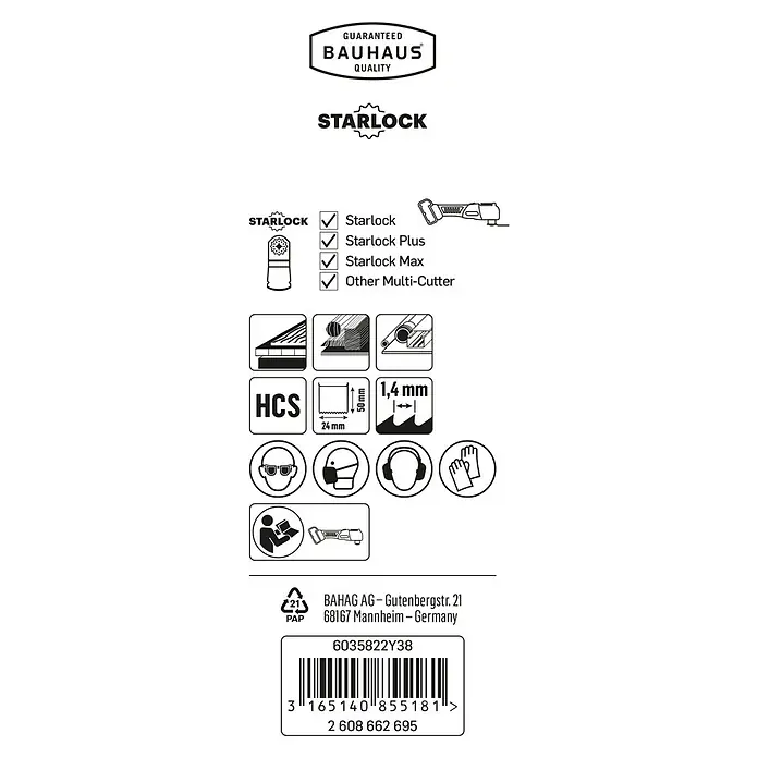 Craftomat Tauchsägeblatt - Geeignet für: Holzwerkstoffe, STARLOCK-System - Abbildung einer Produktverpackung, die die Marke Starlock, Sicherheitsinformationen und Recyclinghinweise hervorhebt.