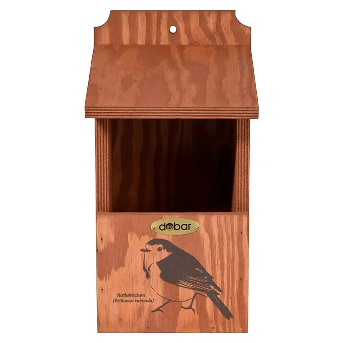 Dobar Nistkasten - L x B x H: 17 x 18 x 32 cm, Braun, Holz - Holz-Nistkasten mit Vogel-Motiv und "dobar"-Logo, ideal für Rotkehlchen. Fördert die heimische Vogelwelt in Ihrem Garten.