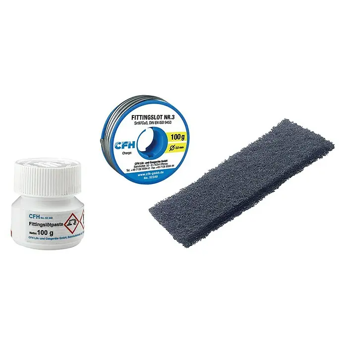 CFH Weichlöt-Set FS298 - 3 -tlg. - Produktbild von CFH Fittingslötpaste, Lötdraht und Reinigungsschwamm. Ideal für Lötprojekte, bietet es alles für saubere und feste Verbindungen.