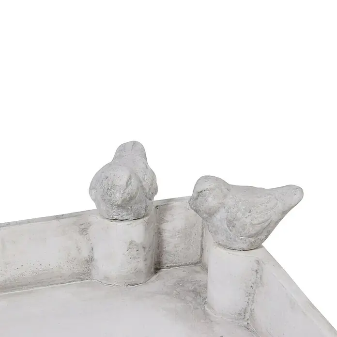 Dobar Vogeltränke Carré - Grau, Keramik, L x B x H: 29 x 29 x 5 cm - Nahaufnahme einer dekorativen Vogeltränke aus Kunststein, mit zwei Vogel-Figuren am Rand, ideal für den Garten.