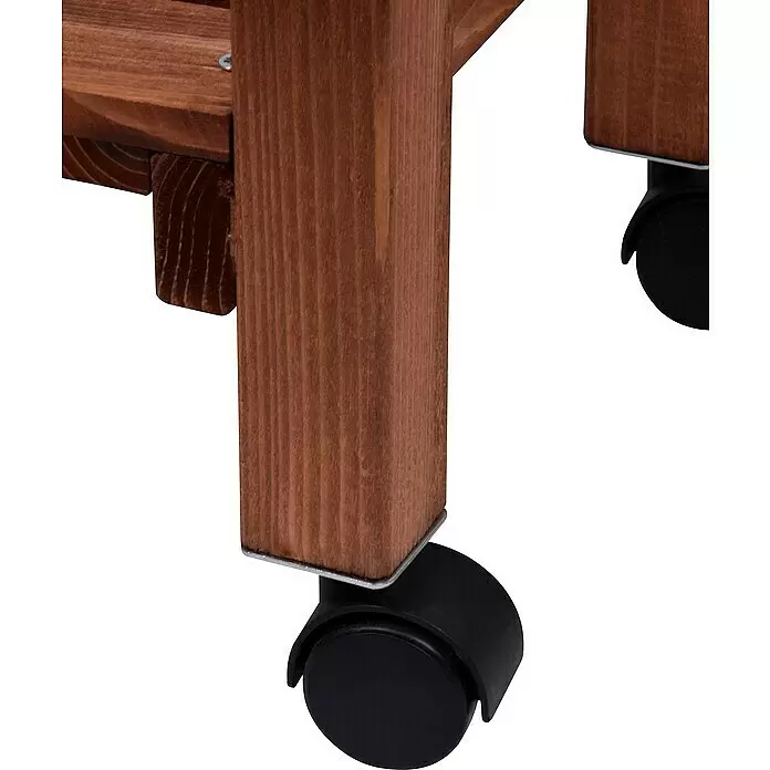 Dobar Hochbeet - L x B x H: 79 x 28,5 x 130 cm, Holz, Braun - Braunes Holzbein eines Pflanzenständers mit einer schwarzen Lenkrolle für Mobilität.