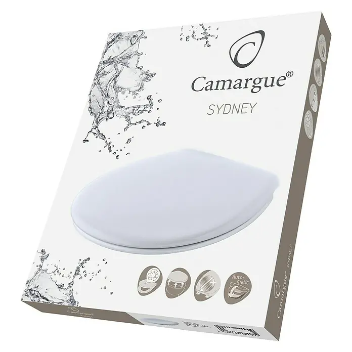 Camargue Sydney WC-Sitz - Duroplast, Weiß, Mit Absenkautomatik, Ausstattung WC-Sitz: Schnellwechselsystem - Camargue Sydney WC-Sitz mit Absenkautomatik in Weiß, verpackt in einem Karton mit Wasserdesign und Produktmerkmalen.