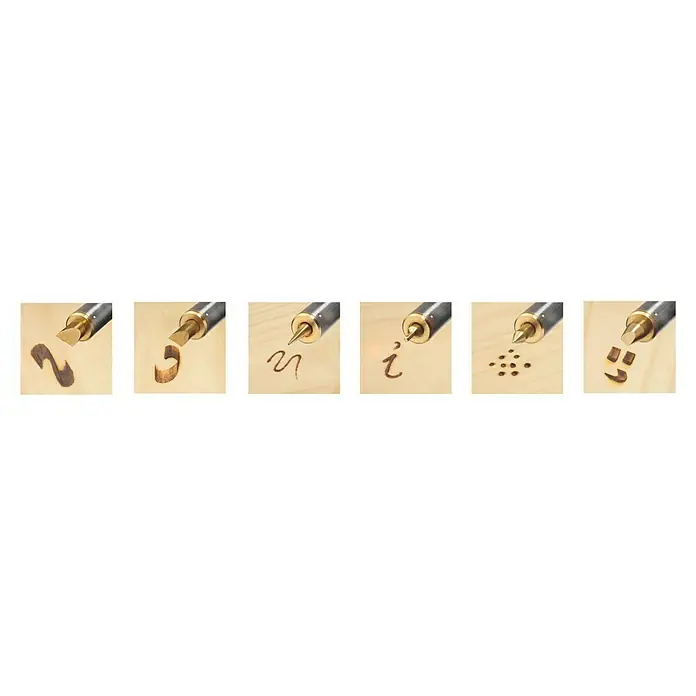 CFH Ersatzlötspitzen SM250 - Passend für: Bandmalkolben 30525546 - Verschiedene Pyrographie-Werkzeuge zum Holz brennen, um individuelle Designs zu erstellen, präsentiert in Nahaufnahme.