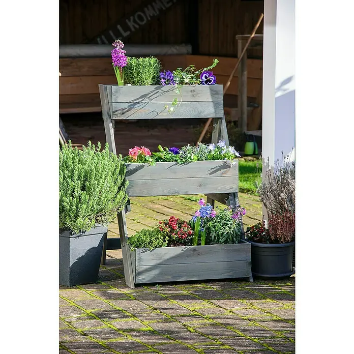 Dobar Pflanzkasten - L x B x H: 60 x 70 x 90 cm, Holz, Grau - Gestaffelter Blumenkasten aus Holz mit bunten Blumen und Pflanzen, der im Garten eine charmante Note verleiht. Perfekt für eine vielfältige Bepflanzung.
