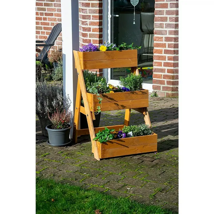 Dobar Pflanzkasten - L x B x H: 60 x 70 x 90 cm, Holz, Braun - Die dreistufige Holz-Pflanzentreppe, bepflanzt mit bunten Blumen, bietet eine dekorative Möglichkeit zur Garten- oder Balkongestaltung.