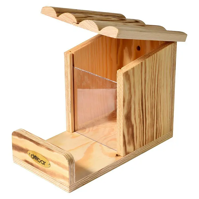Dobar Eichhörnchenfutterstation - L x B x H: 24 x 15 x 17 cm, Kiefer - Holz-Vogelhaus mit durchsichtiger Frontscheibe und geöffnetem Dach für einfachen Zugriff, ideal für Gartenliebhaber.